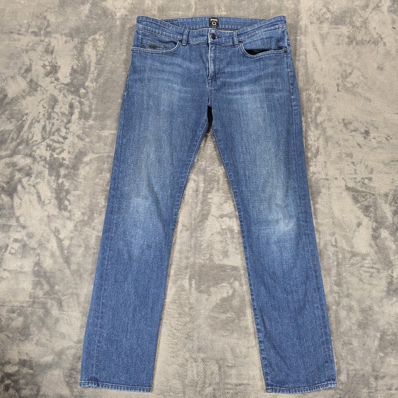 Hugo Boss Delaware Slim Fit Jeans Mens 36x32 Blue Stretch Dark Wash Candiani - Picture 1 of 13